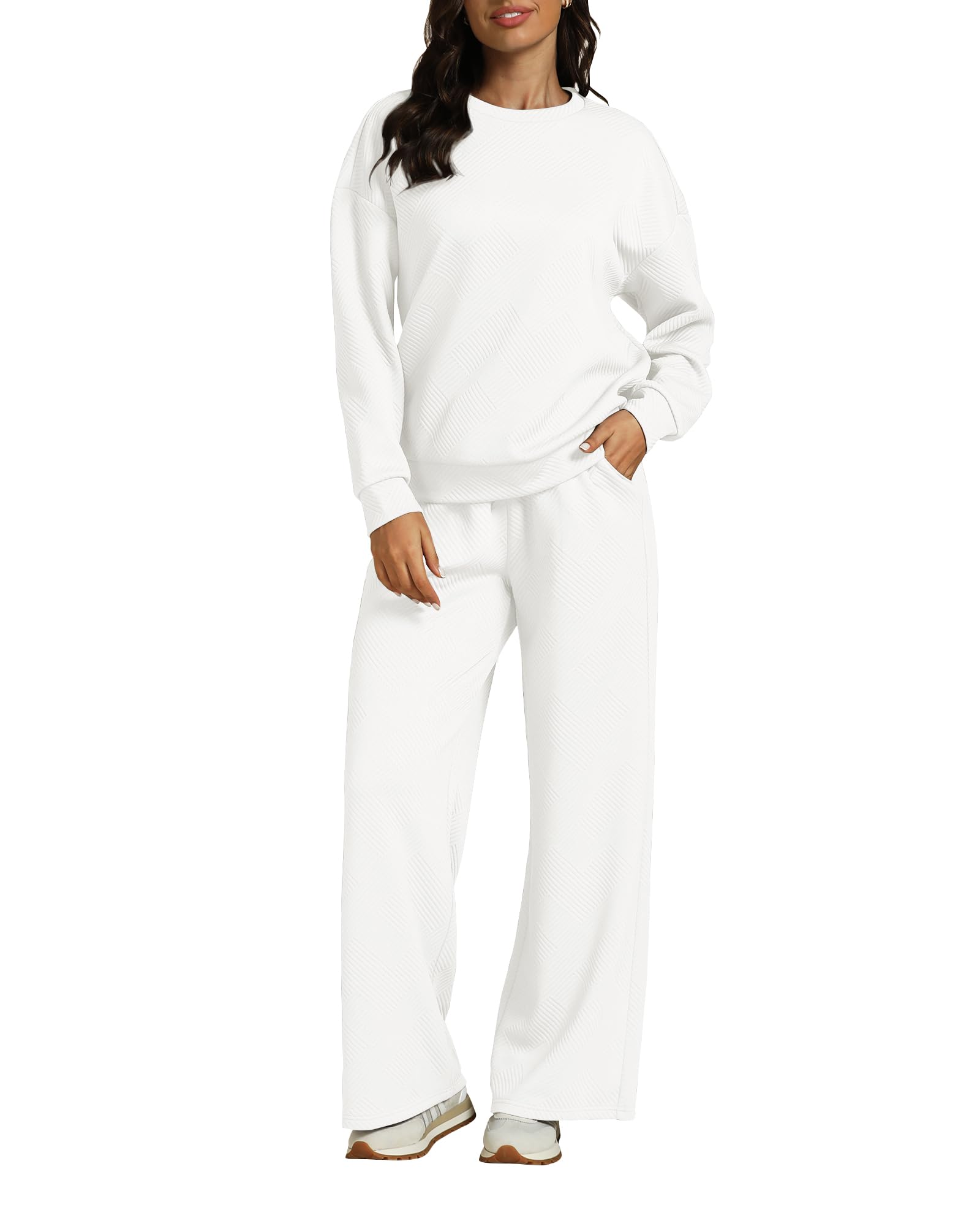 luvamia Lounge 2 Piece Sets for Women Texture Long Sleeve Pullover Pull On Wide Leg Pants Sweatsuit Loungewear Sweat Set