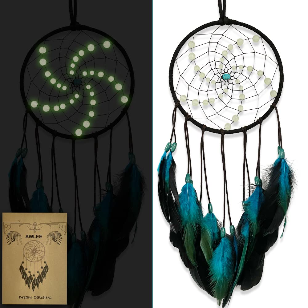 Blue Dream Catchers Wall Hanging Room Decor Glow Beads Dreamcatcher Handmade Feather for Girls Boys Bedroom Decoration Ornament Craft Gift