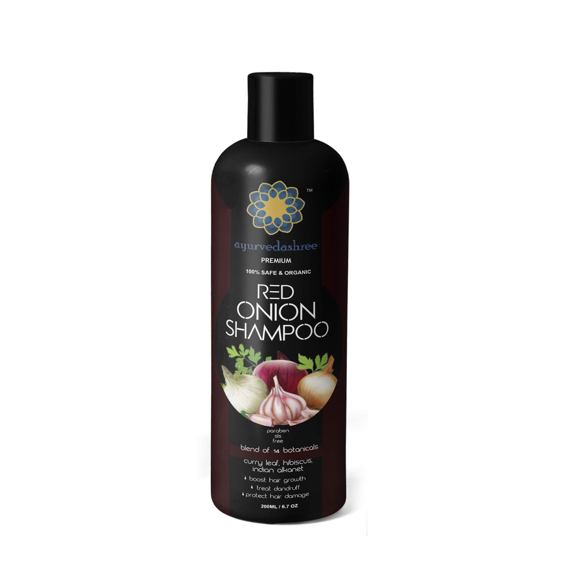 AYURVEDASHREE Red Onion Hair Growth & Hair Fall Control Shampoo – With Curry Leaf, Hibiscus, Indian Alanket, Blend of 14 Botanicals 200ML - SLS and Paraben Free - 100% Safe & Organic - All Hair Type