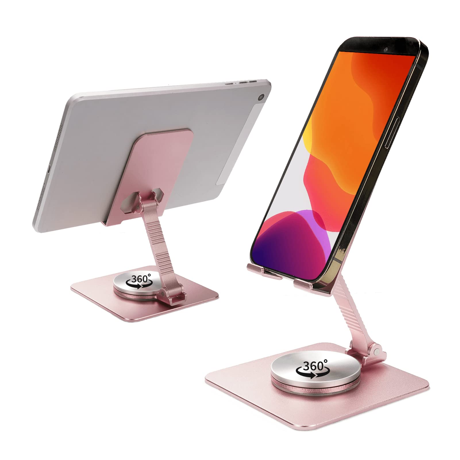 PHEVOS Foldable Cell Phone Stand for Desk, 360° Rotation Adjustable Portable Aluminum Metal Phone Holder,Compatible with All Phone iPhone iPad Tablet(4-11 in)-Rose Gold