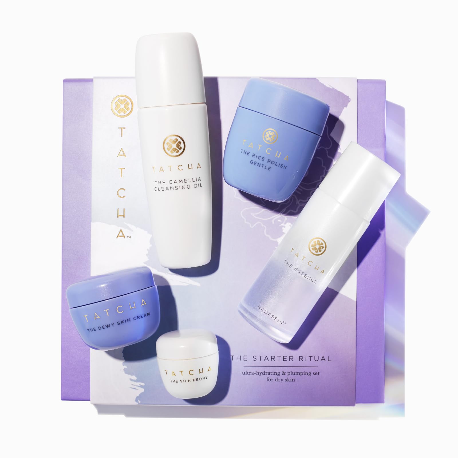 TATCHA (Dry) - The Starter Ritual Set - Replenishing for Dry Skin: Includes Pure One Step Camellia Cleansing Oil, The Rice Polish: Gentle, The Essence, The Dewy Skin Cream, The Silk Peony