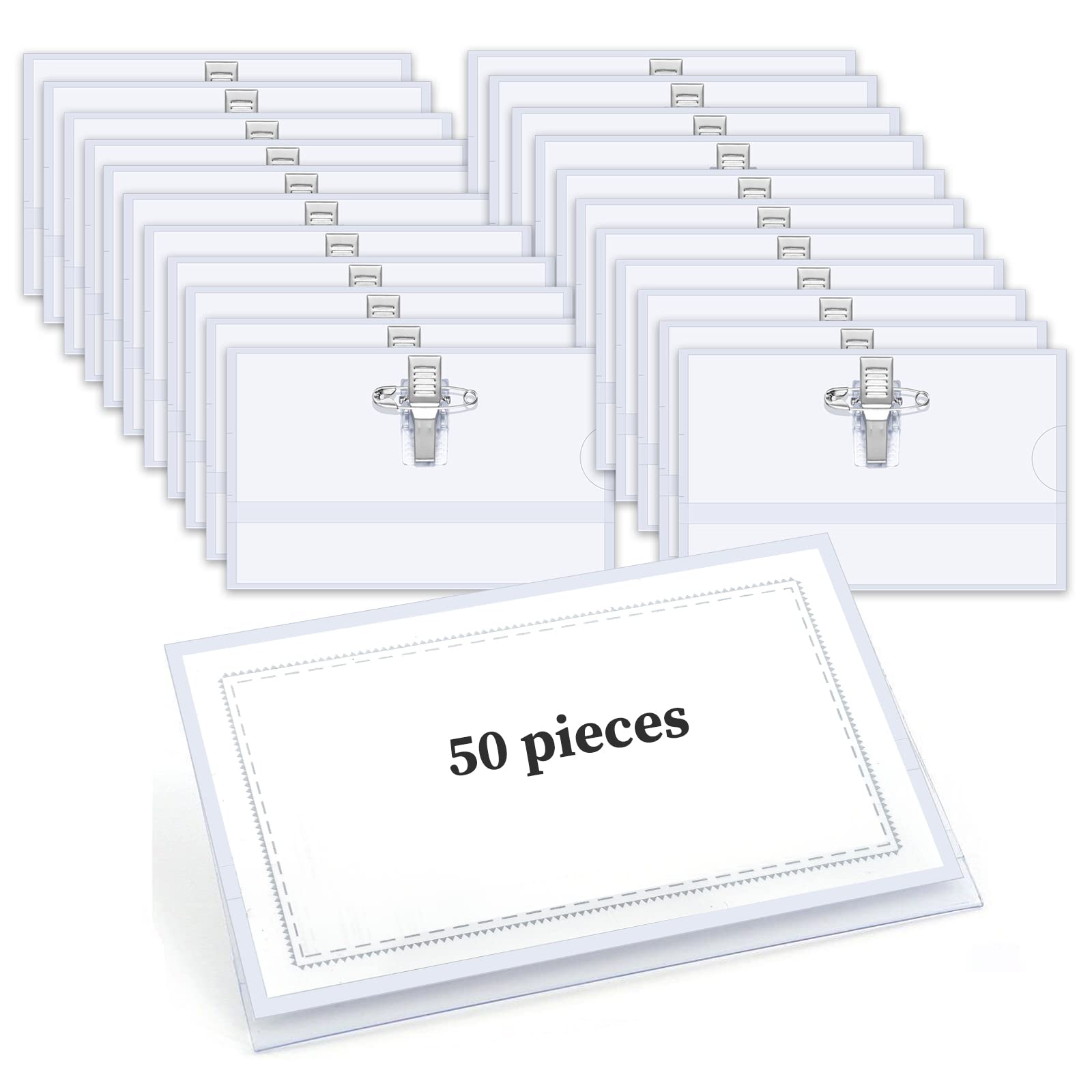 50 Pcs Name Badges with Clip and Pin, Clear Name Badge Holders Plastic ID Name Badge for School Office Conference(9 * 5.6cm)