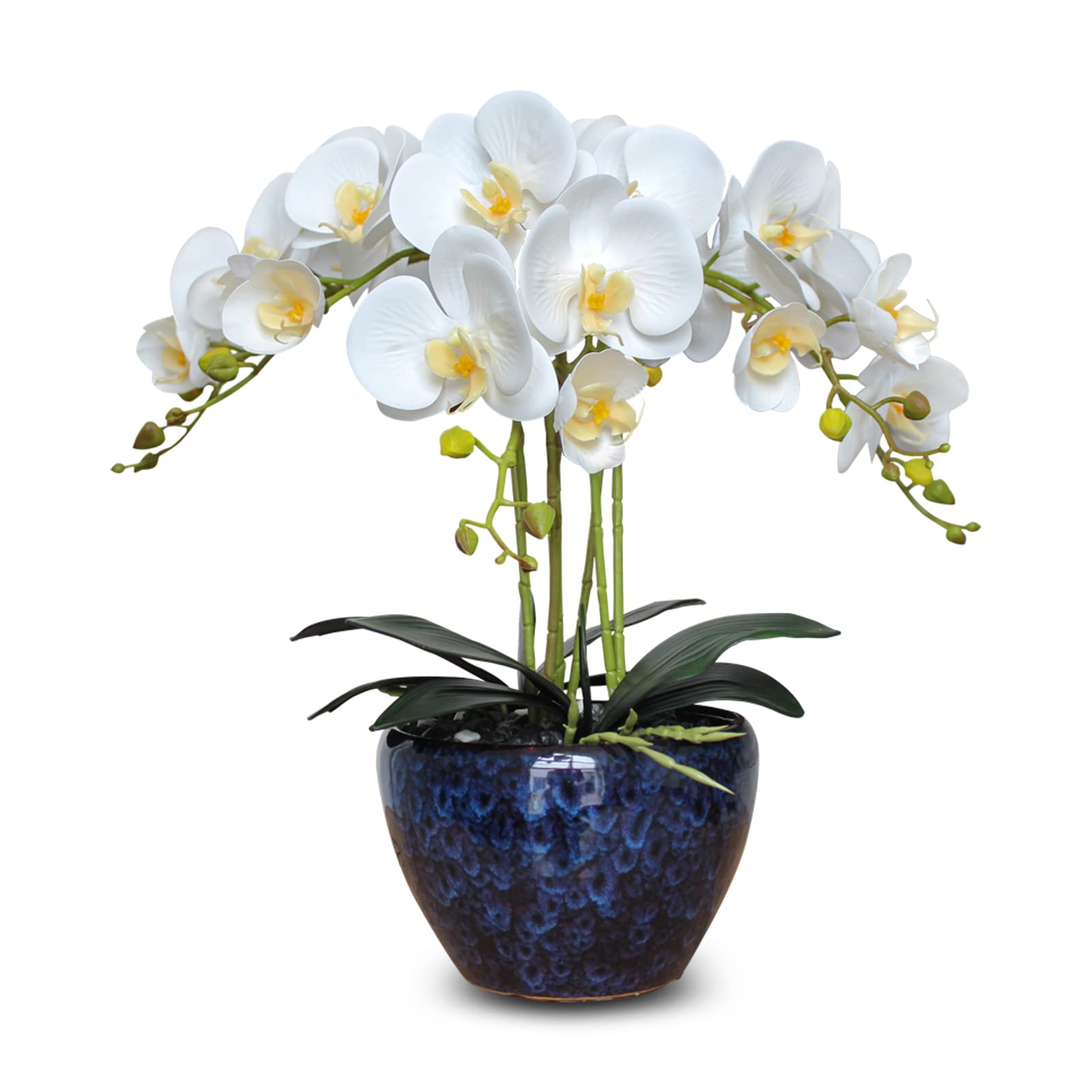 Faux Orchids Artificial Flowers with Porcelain Vase Large Fake Silk Orchids in Vase Indoor Dining Table Office Desk Decor