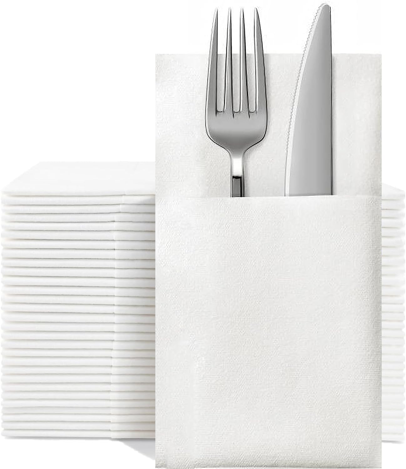 KMAKII White Paper Dinner Napkins with Built-in Flatware Pocket Disposable Paper Cloth Like Hand Napkins Absorbent Napkins for Parties, Weddings, Events Linen-Feel (50 Pack,16x16 inches)