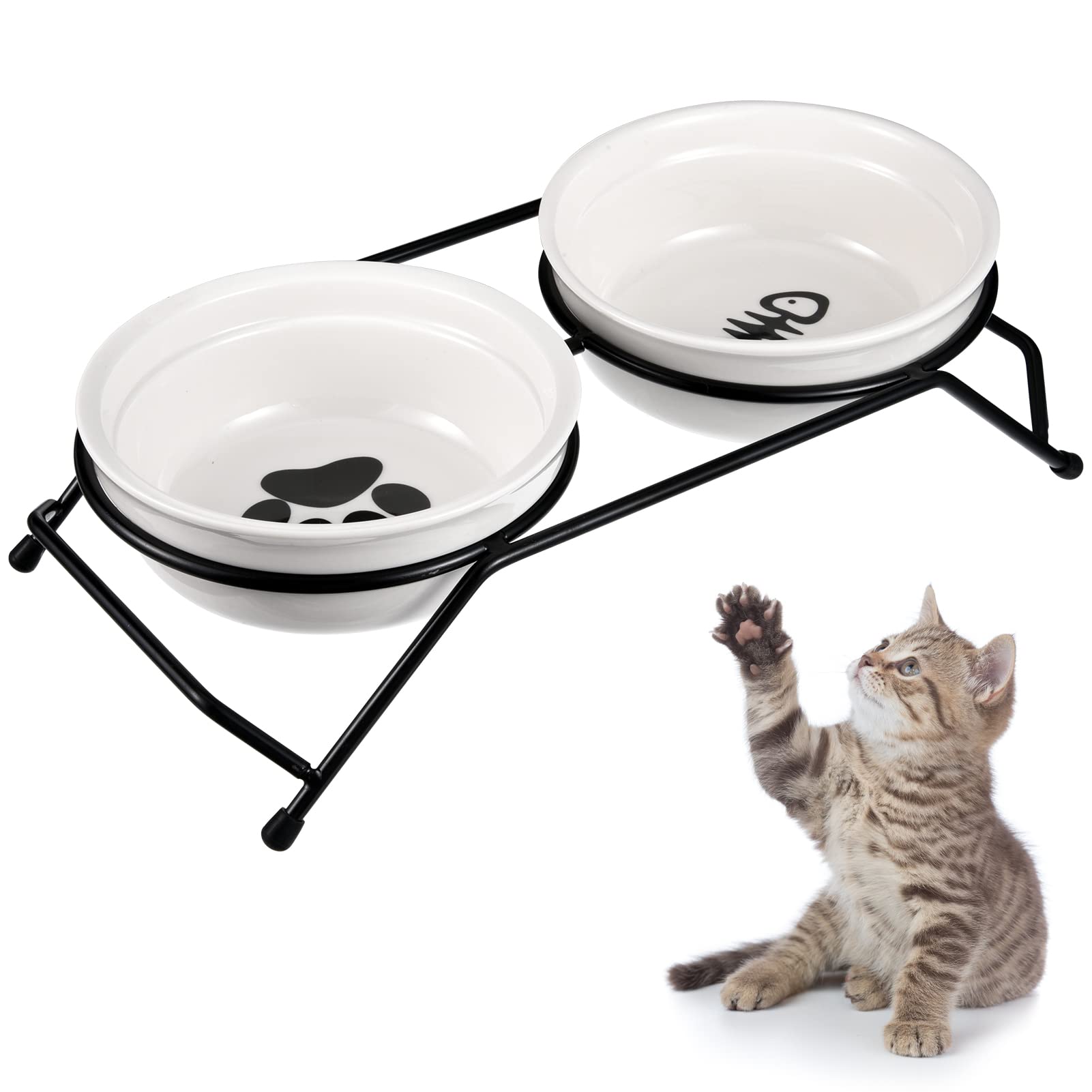 JOELELI Raised Cat Bowls, Double Cat Bowl Set, Improved Ceramic Raised Cat Drinkers, Cute Pet Bowls for Cats, Kittens, Puppies and Small Dogs, Dishwasher Safe