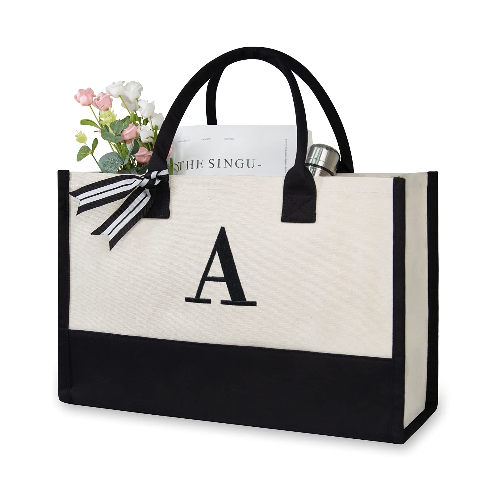 TOPDesign Personalized Initial Canvas Beach Bag, Monogrammed Gift Tote Bag for Women