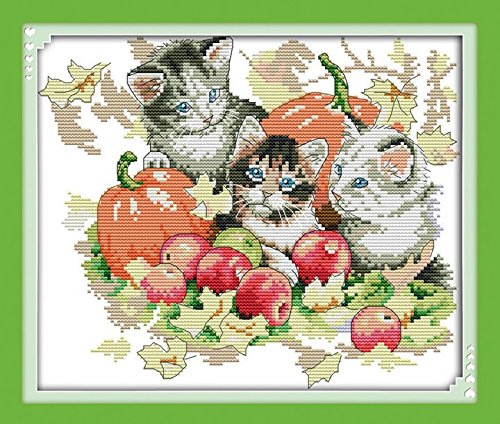 Joy Sunday Cross Stitch kits, Four seasons cats(3)-Autumn,11CT Printed, 39cm×34 or 15.21"×13.26"