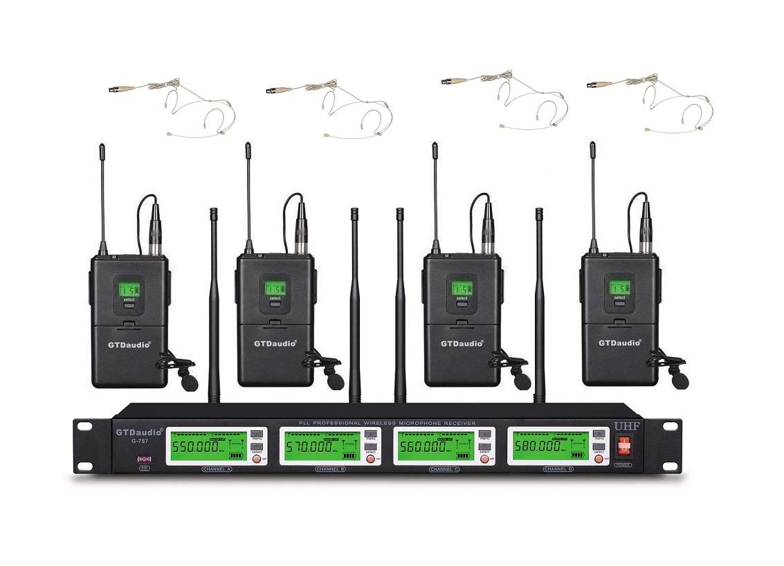 GTD Audio 4x800 Adjustable Channels UHF Diversity Wireless Cordless Microphone System with 4 Bodypacks, 4 Beige Headsets & 4 Lapels Mics, Range 450 ft, (8 Mics)