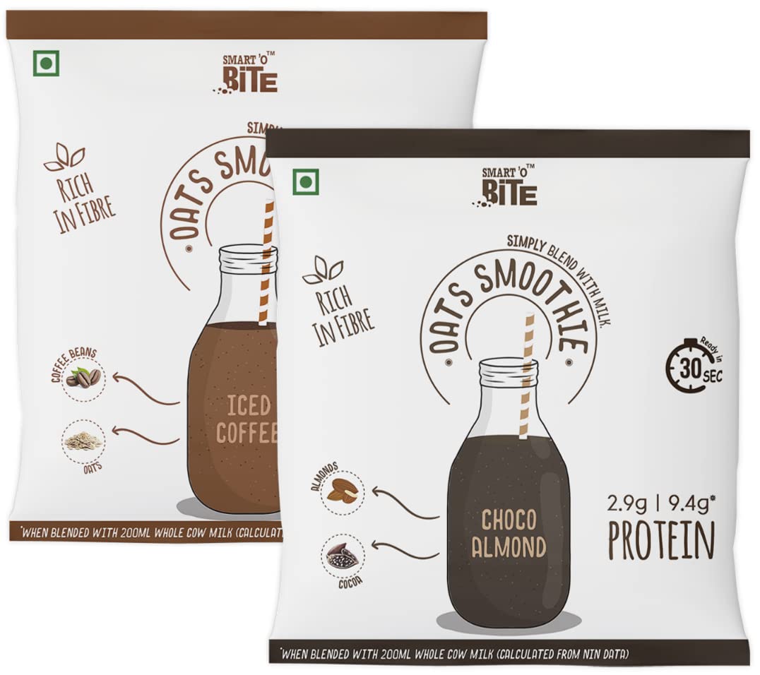 Smart'O Bite Oat Smoothie | Healthy Shake Mix | 60 Sachets - 2 flavours x 30 each - Choco & Coffee | No Refined Sugar | Fibre Rich | Protein Source | Ready in 30 Seconds