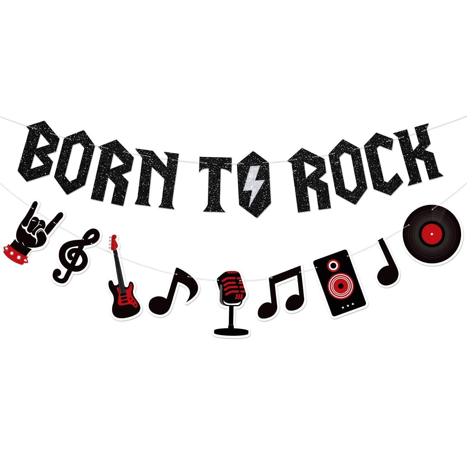 Born to Rock Glitter Banner with Music Note Garland 1950's Rock and Roll Party Decorations Music Theme 1st Birthday Party Supplies 50s Rock Party Favors Record Wall Decor