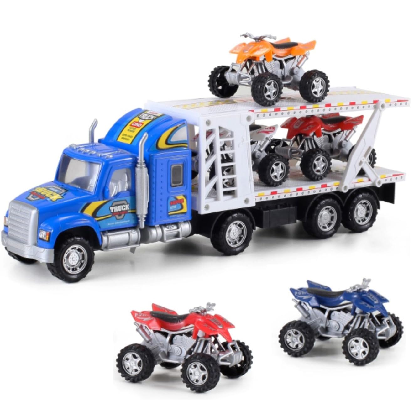 Auto Hauler Big Rig Toy Semi Truck Car Carrier Transporter Trailer 1:48 Scale Friction Powered Wheeler Vehicle with 4 ATVs Dirt Bike (Assorted Colors)