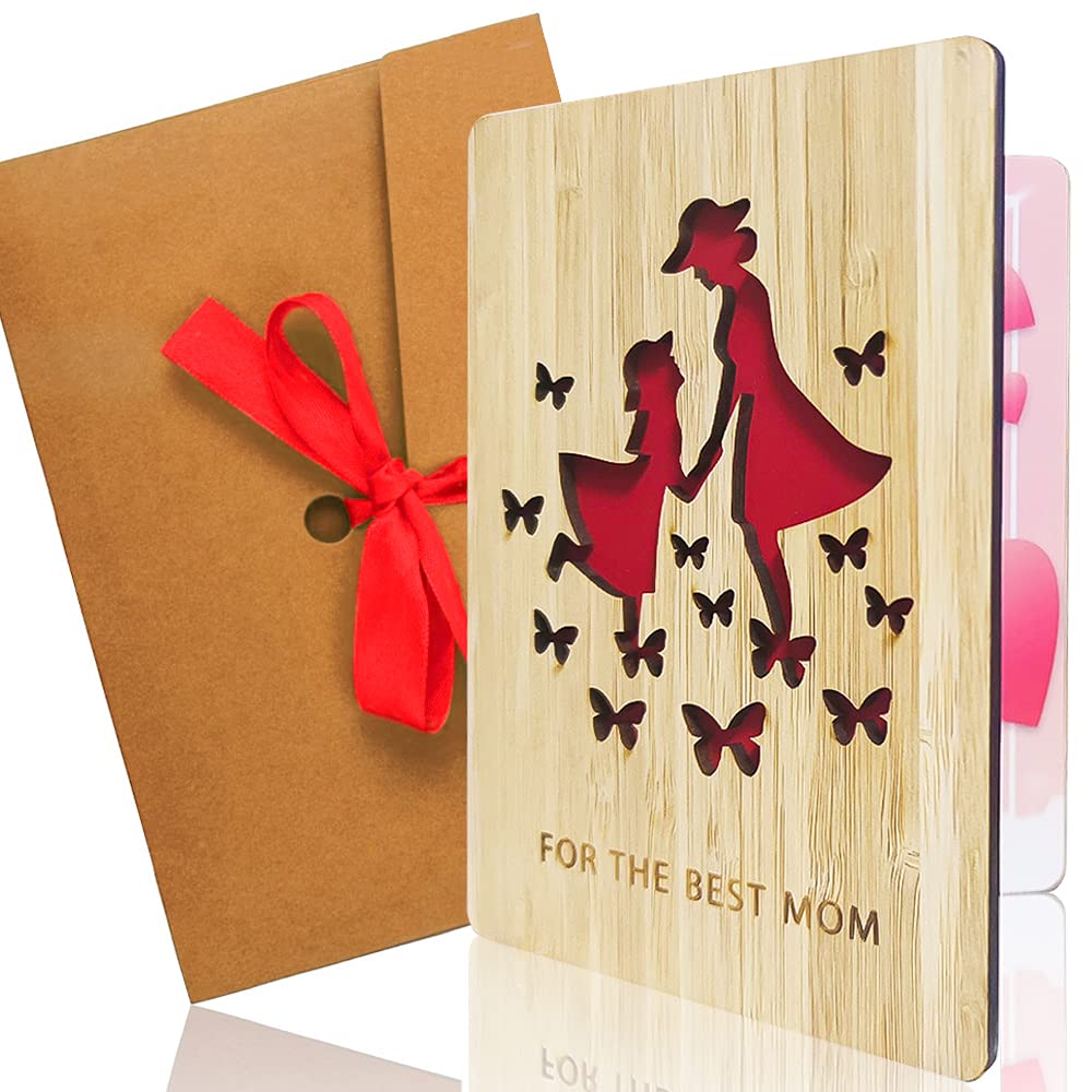 ABETER Mothers Day Card Bamboo Wooden Greeting Cards, Mom Gifts from Daughters, Son, Keepsake Happy Birthday Or Anniversary Card Size 4.2 x 6 Inch