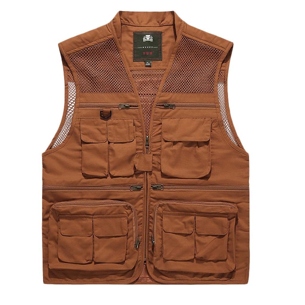 XCC Pocket vest cotton summer and autumn men's sports and leisure multi-pocket vest (Color : Orange, Size : L)