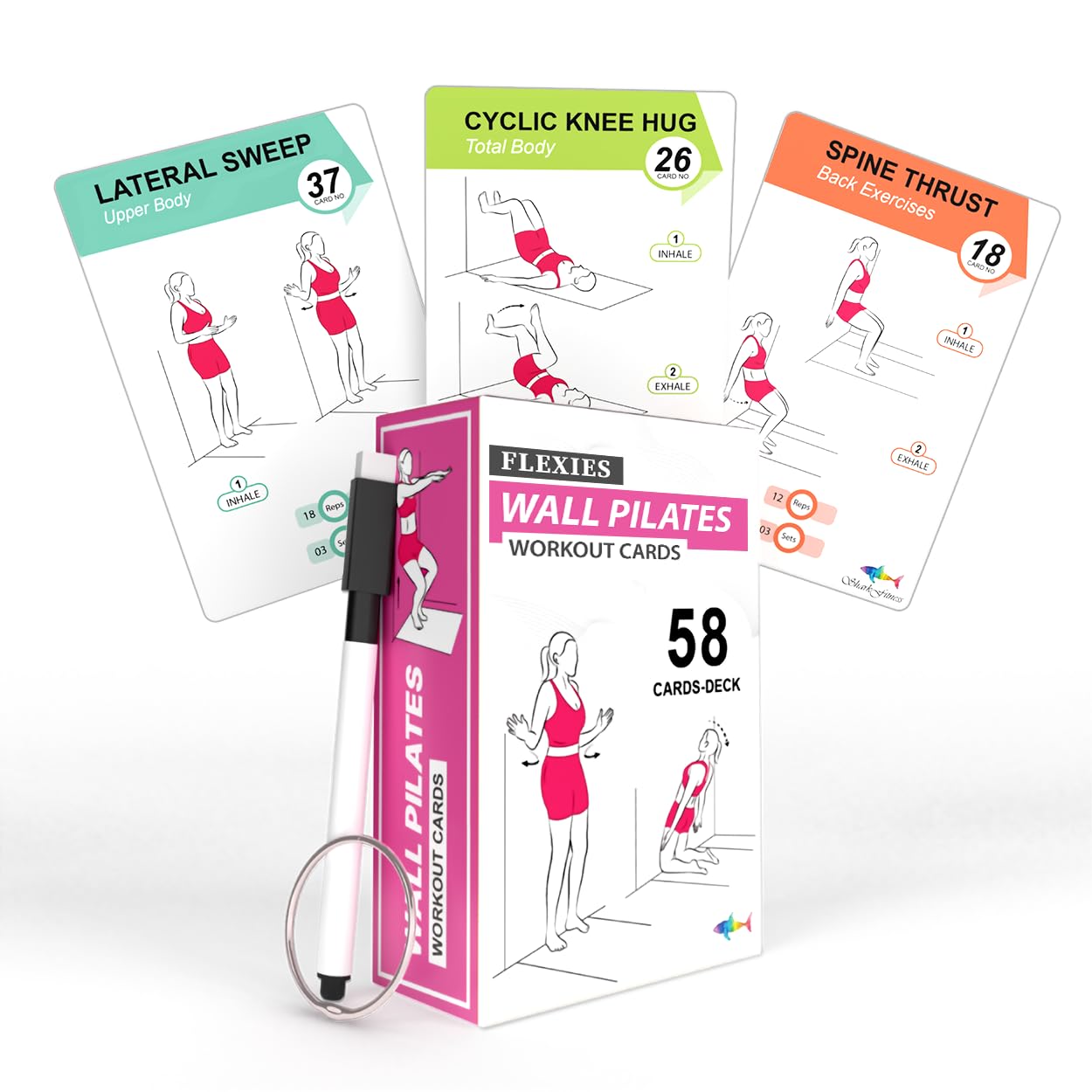 Wall Pilates Workout for Women - 58 Training Cards with Wall Pilates Training Stands, Instructions and Breathing Tips | Free Ring and Dry Erase Marker to Create a Custom Pilates