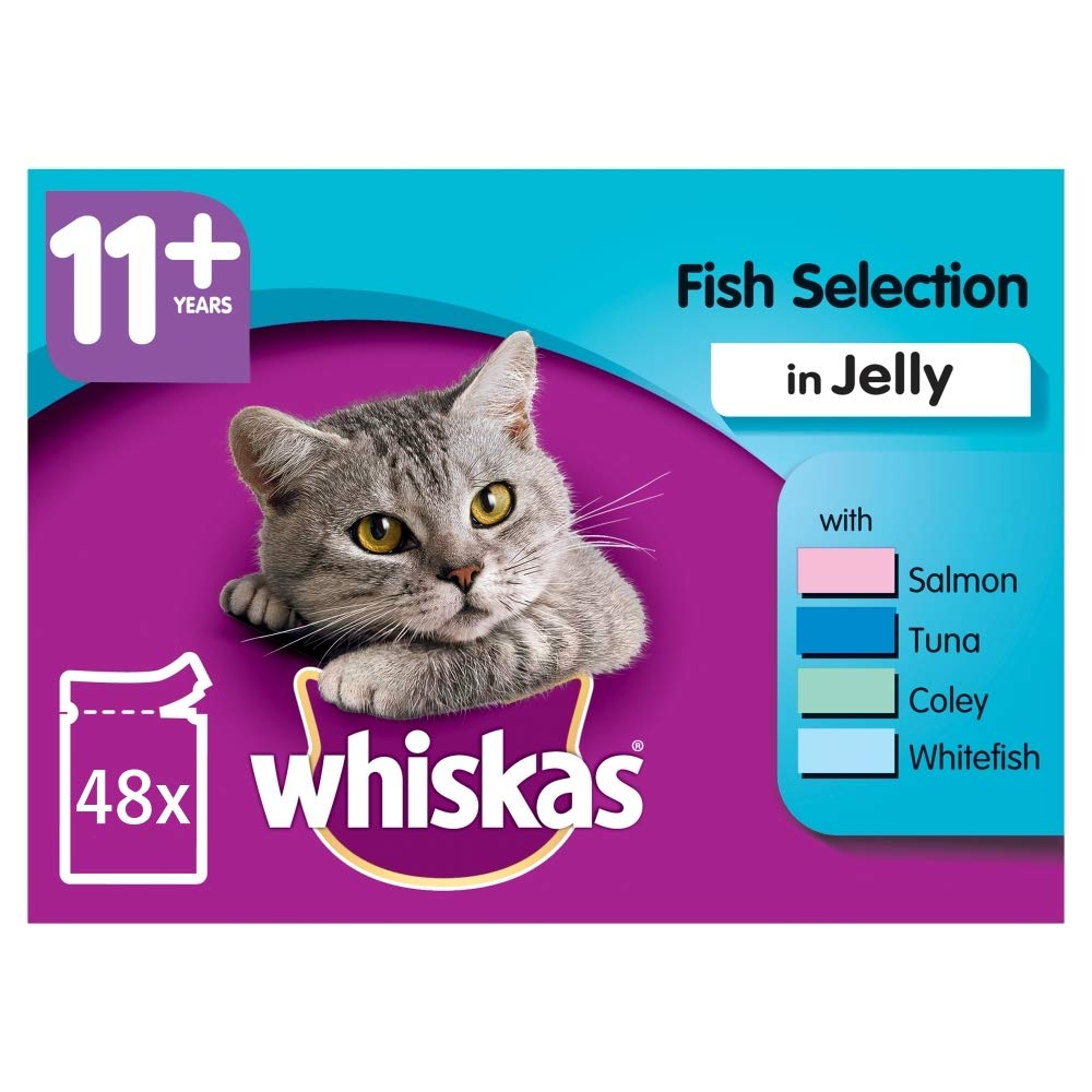 whiskas 11+ Cat Pouches Fish Selection in Jelly 12x100g pk (Pack of 4, Total 48 Pouches)