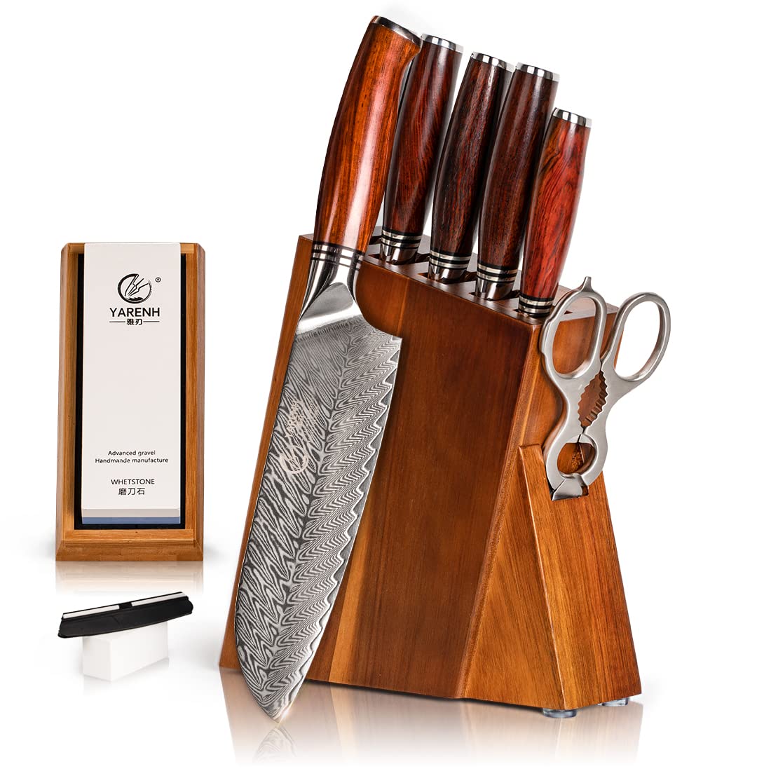 YARENHKitchen Knife Set with Block, 8 Piece, Sharp Professional Chef Knife, 73 Layers Damascus High Carbon Stainless Steel, Full Tang Sandalwood Handle, Gift Box