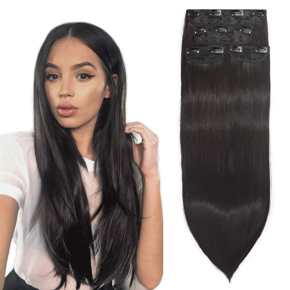 Black Brown Thick Hair Extensions Clip In For Women 4 Pieces, Deep Darkest Brown 22 Inch Full Head Long Straight Clip In On Hair Extensions Classic Hair Piece (22", Black Brown)