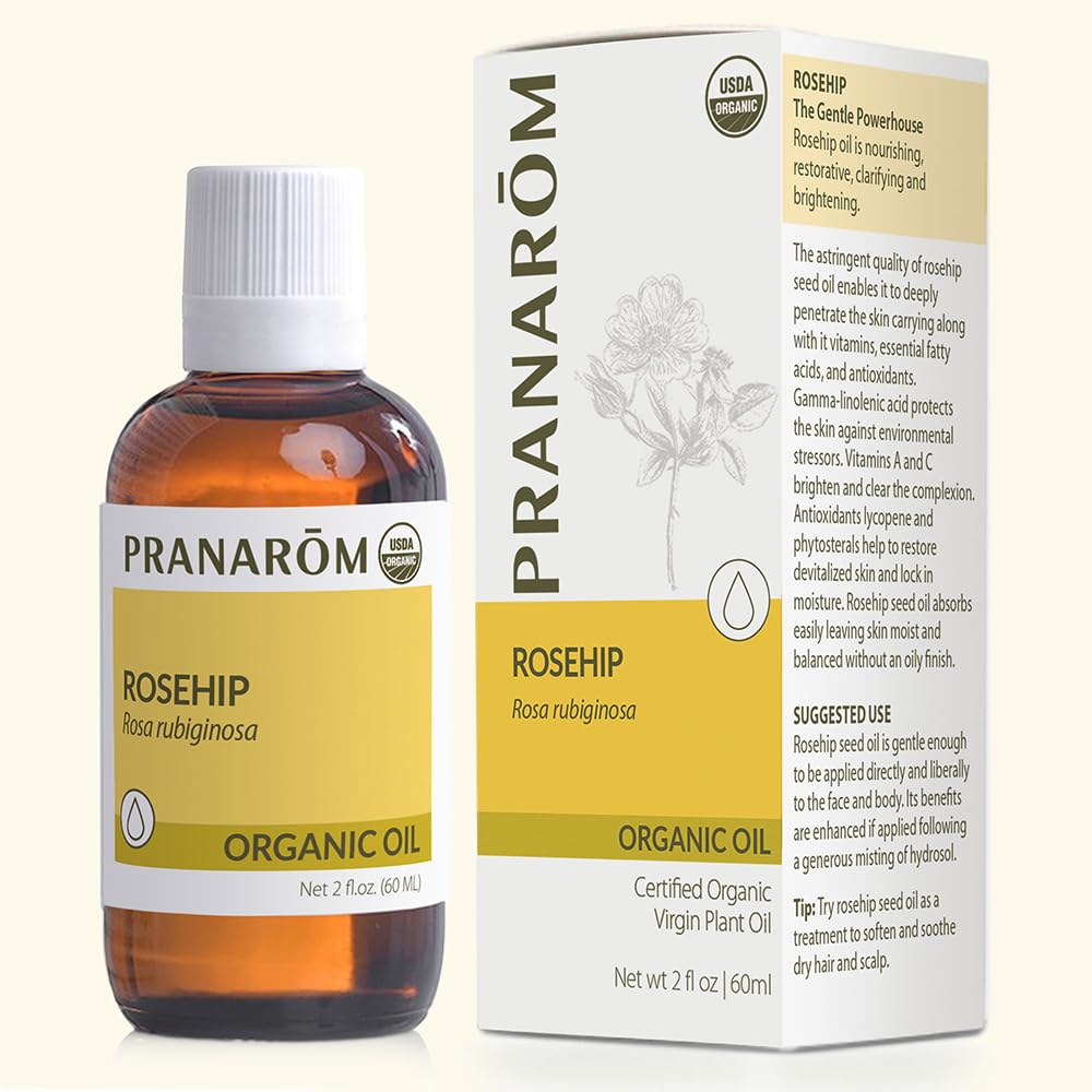 PranaromUSDA Certified Organic Cold-Pressed Rosehip Virgin Plant Oil - 2 fl oz Glass Bottle - for Anti-Aging, Helps Acne Scar, Massaging, Face, Hair & Skin, Unisex