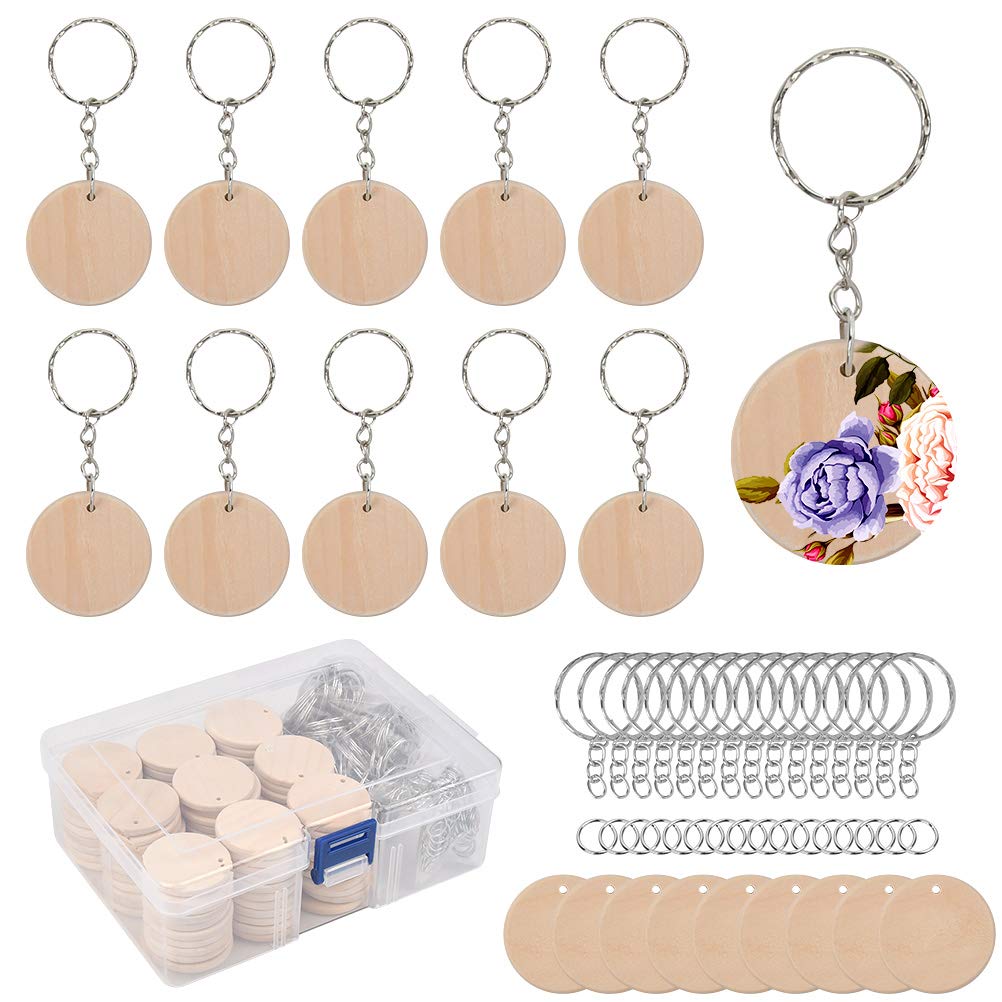 DODUOS 100Pcs Natural Wood Slices, 35mm Unfinished Predrilled Log Discs Wooden Circles with 100Pcs Key Rings and a Box for DIY Crafts, Unfinished Round Circles for Christmas Decorations Ornaments