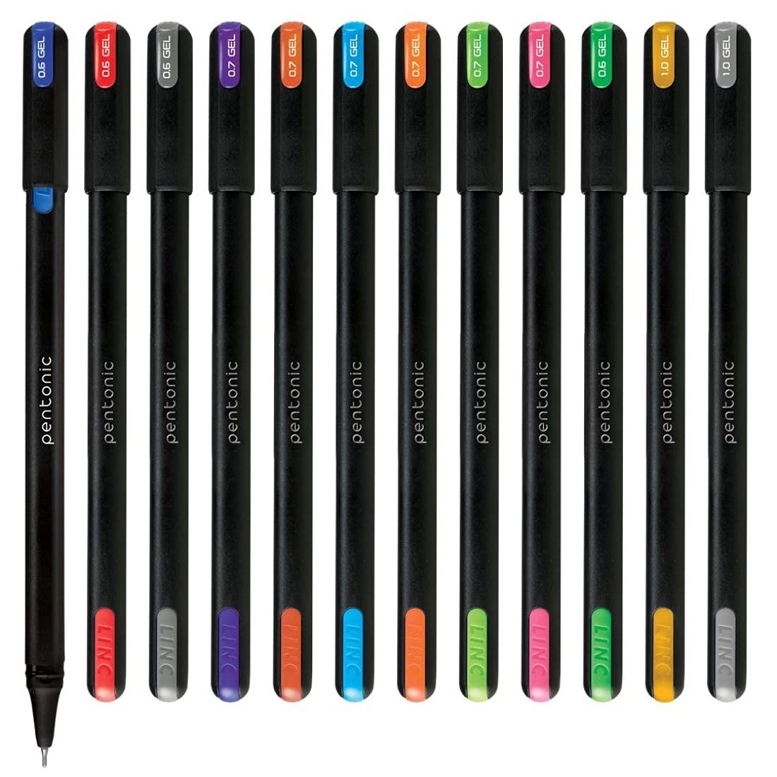 Pentonic Multicolor Gel Pen With Hard Box Case | 0.6 mm-1.0 mm | Sleek Matt Finish, Featherlite feel | Waterproof Gel Ink, Ultra- Low Viscosity Ink | Black Body, 12 Pcs Set