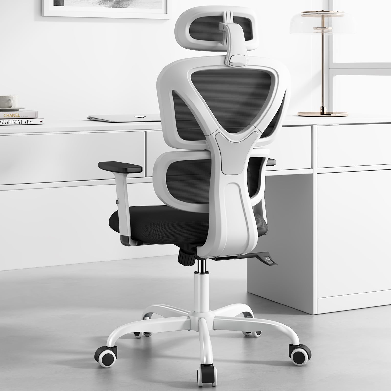 Sytas Ergonomic Office Chair, High Back Mesh Desk Chair with Lumbar Support and Adjustable Headrest, Executive Swivel Computer Chair for Home Office, Tilt Function, White