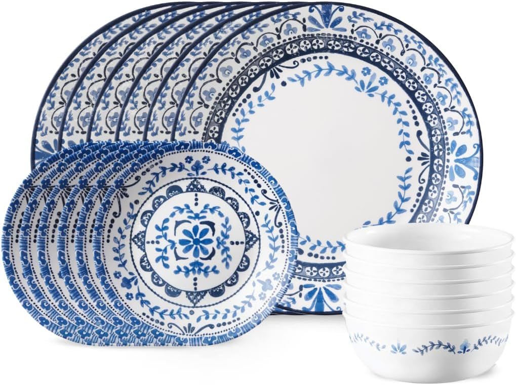 Corelle Vitrelle 18-Piece Service for 6 Dinnerware Set, Triple Layer Glass and Chip Resistant, Lightweight Round Plates and Bowls Set, Portofino