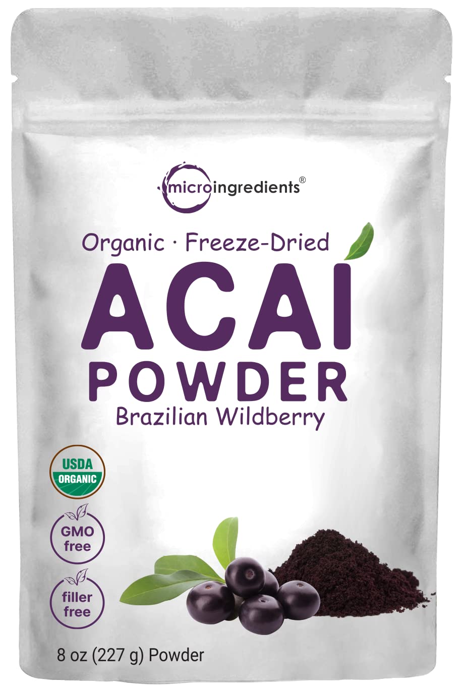 Organic Freeze-Dried Acai Powder 8oz, Sustainably Grown in Brazilian Amazon, 100% Pure Berry Pulp, Raw, Bulk, No Filler, No additives, Great for Acai Bowls, Yogurt, Smoothies, and More