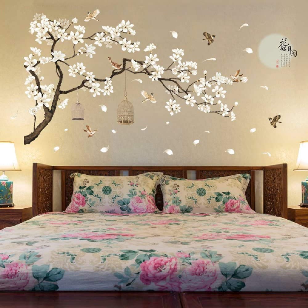 Amaonm Chinese Style White Flowers Black Tree and Flying Birds Wall Stickers Removable DIY Wall Art Decor Decals Murals for Offices Home Walls Bedroom Study Room Wall Decaoration, Set of 2, 50"x74"