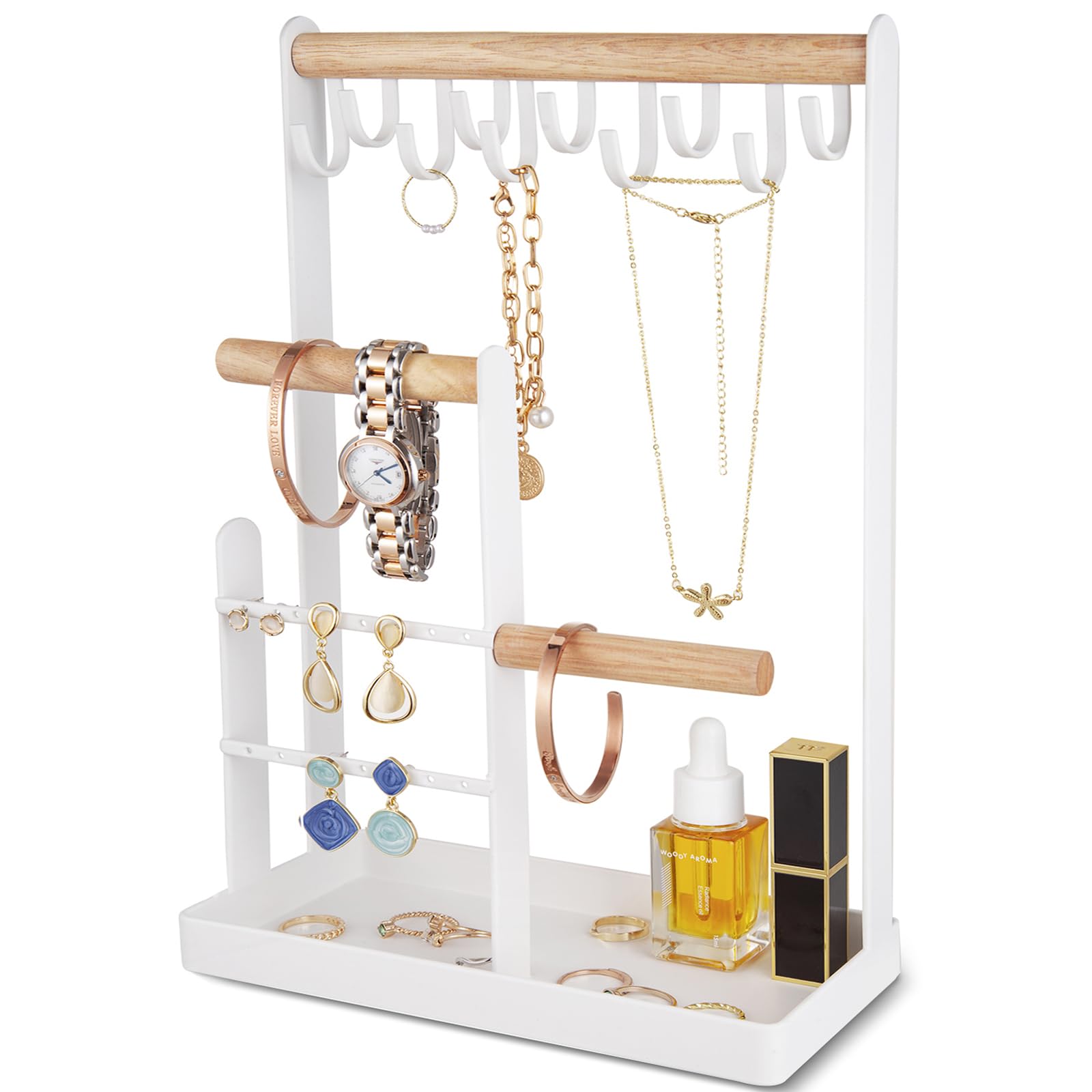 ProCase Jewelry Organizer Stand with Tray, Jewelry Display Metal Tree Holder Hanging Wooden Storage Stand for Necklace Bracelet Watch Earring Ring –White