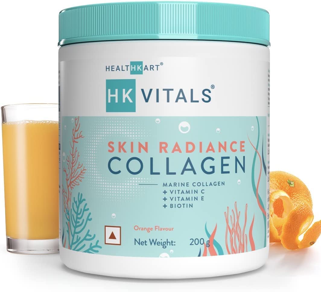 BETT HealthKart HK Vitals Skin Radiance Collagen Powder, Marine Collagen (Orange, 200 g), Collagen Supplements for Women & Men with Biotin, Vitamin C, E, Sodium Hyaluronate, for Healthy