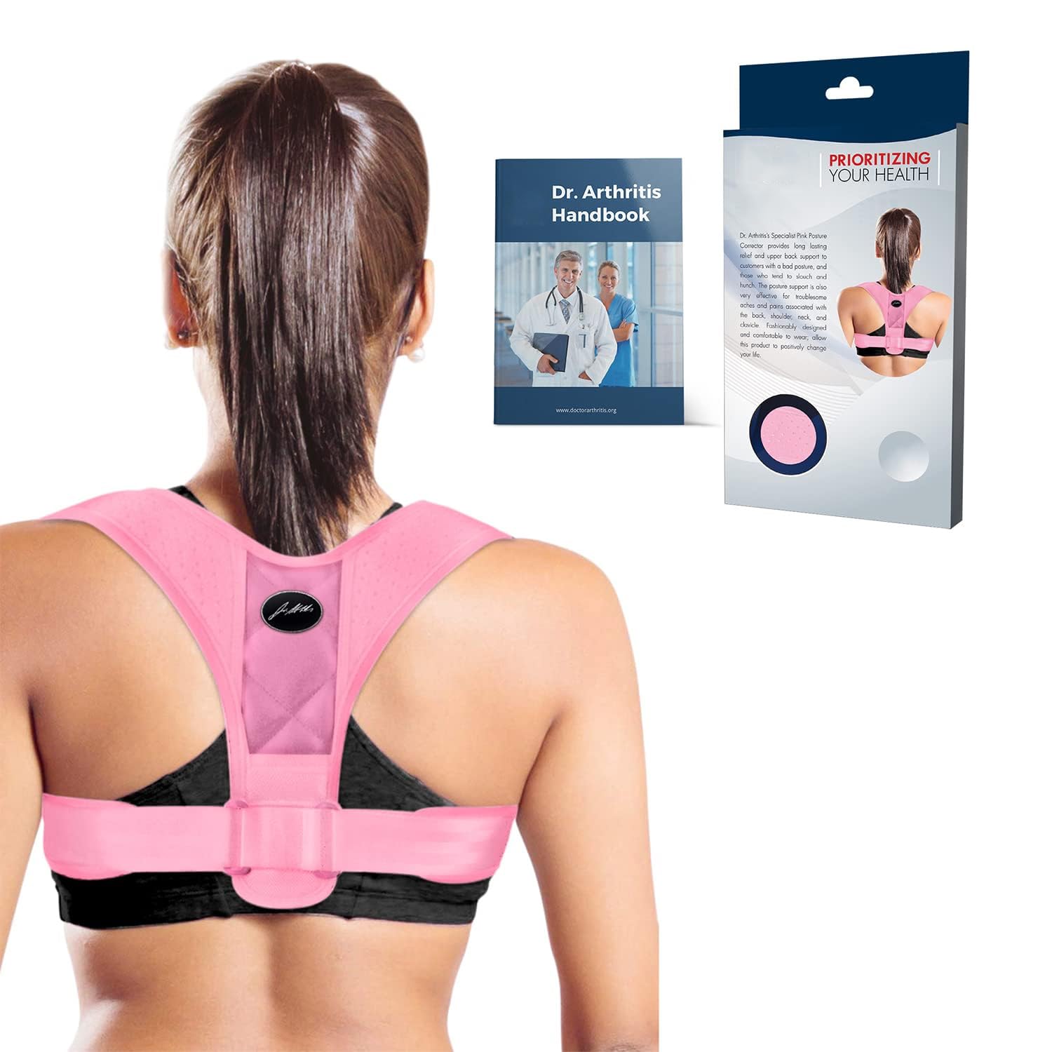 Doctor Developed Posture Corrector/Posture Support/Posture Stabilizer/Back Brace & Doctor Written Handbook - Adjustable for Upper Back Pain and Support. Suitable for Men & Women (Pink, Small)