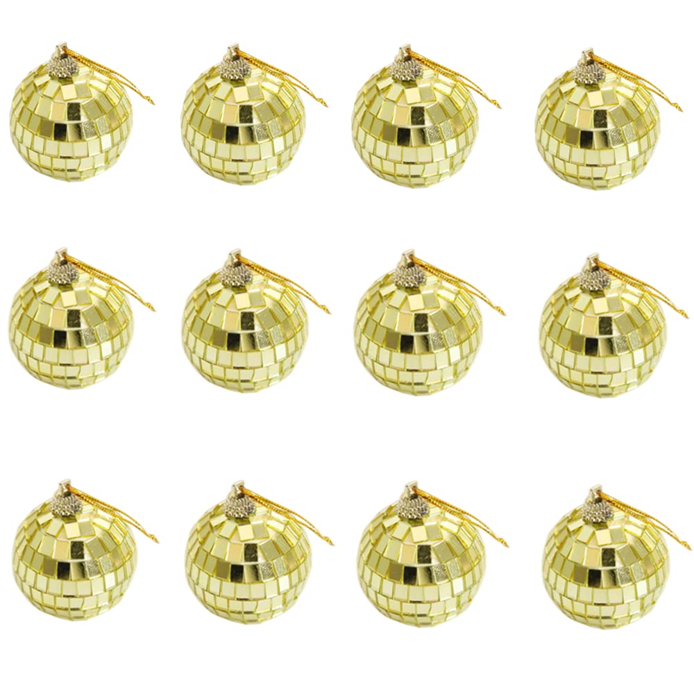 Hewnda 12 pcs 2-inch mirror disco ball decoration ，Christmas tree wedding birthday party accessories disco decorative mirror ball (gold)