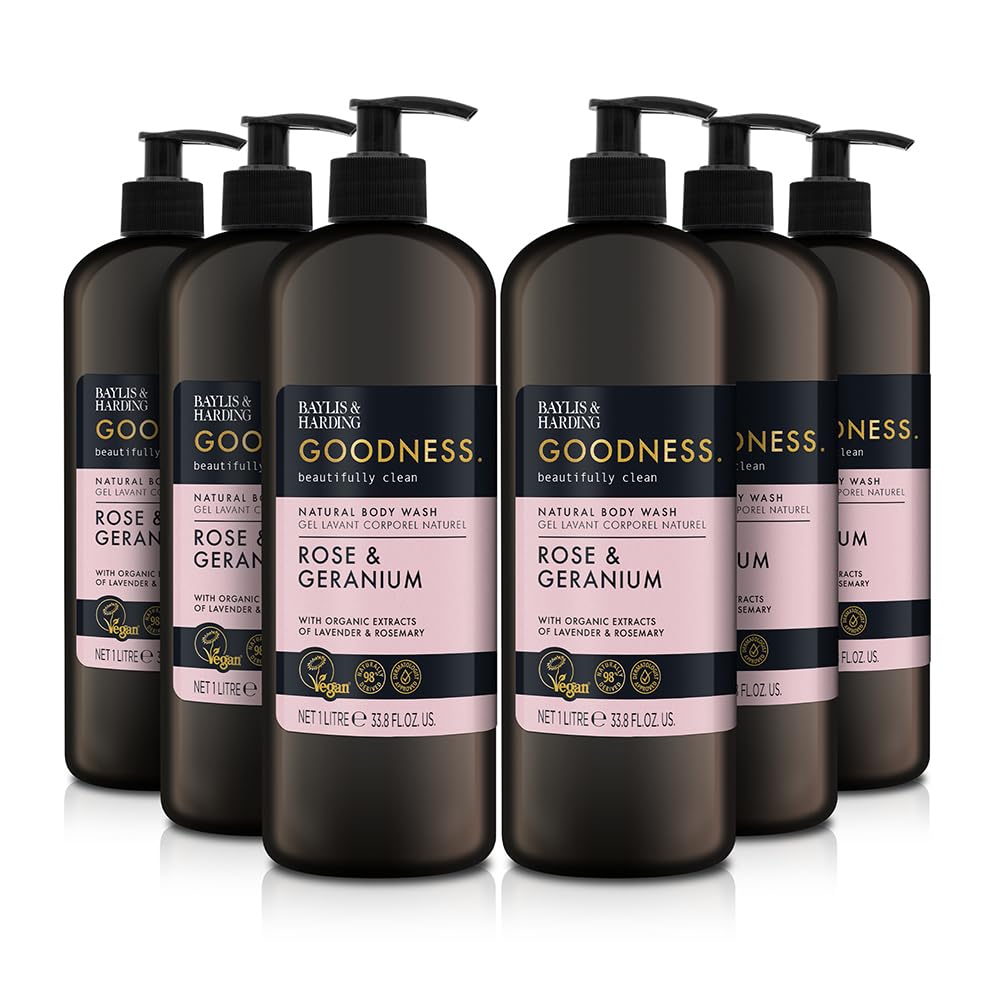 Baylis & Harding Goodness Rose & Geranium Natural Body Wash 1 Litre (Pack of 6) - Vegan Friendly