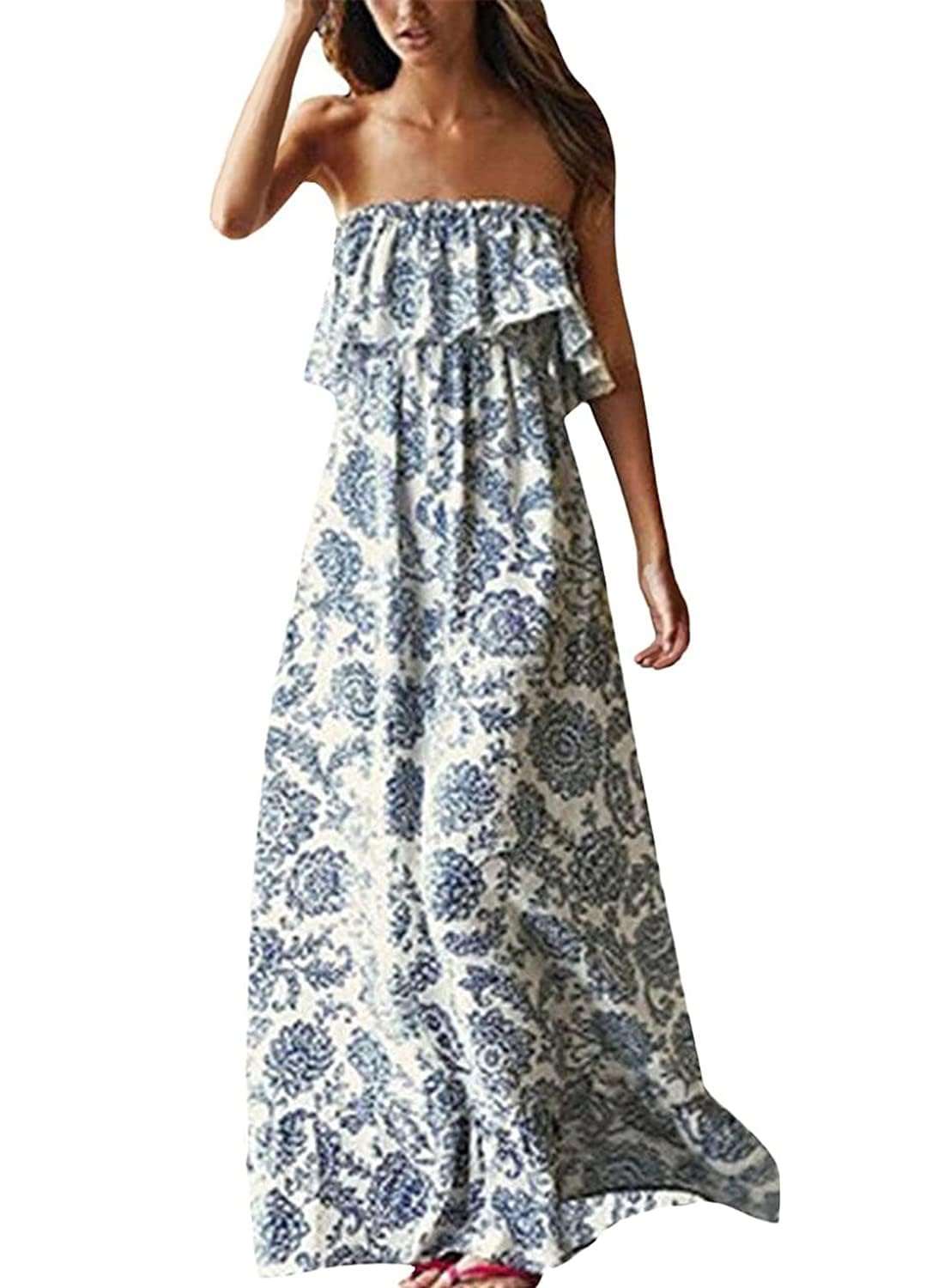 ZMPSIISAWomen's Summer Off The Shoulder Maxi Dress Ruffle Strapless Blue White Porcelain Boho Casual Loose Long Dress