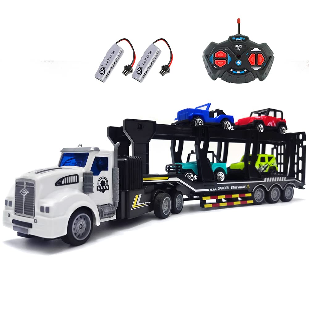 Remote Control Car Transporter Truck Includes 4 Cars - 14" 1:48 Mini RC Toy Semi Truck Trailer with 2pcs Rechargeable Batteries, Carrier Car Truck Vehicle with Lights, Great Gift for Kids Boys Girls