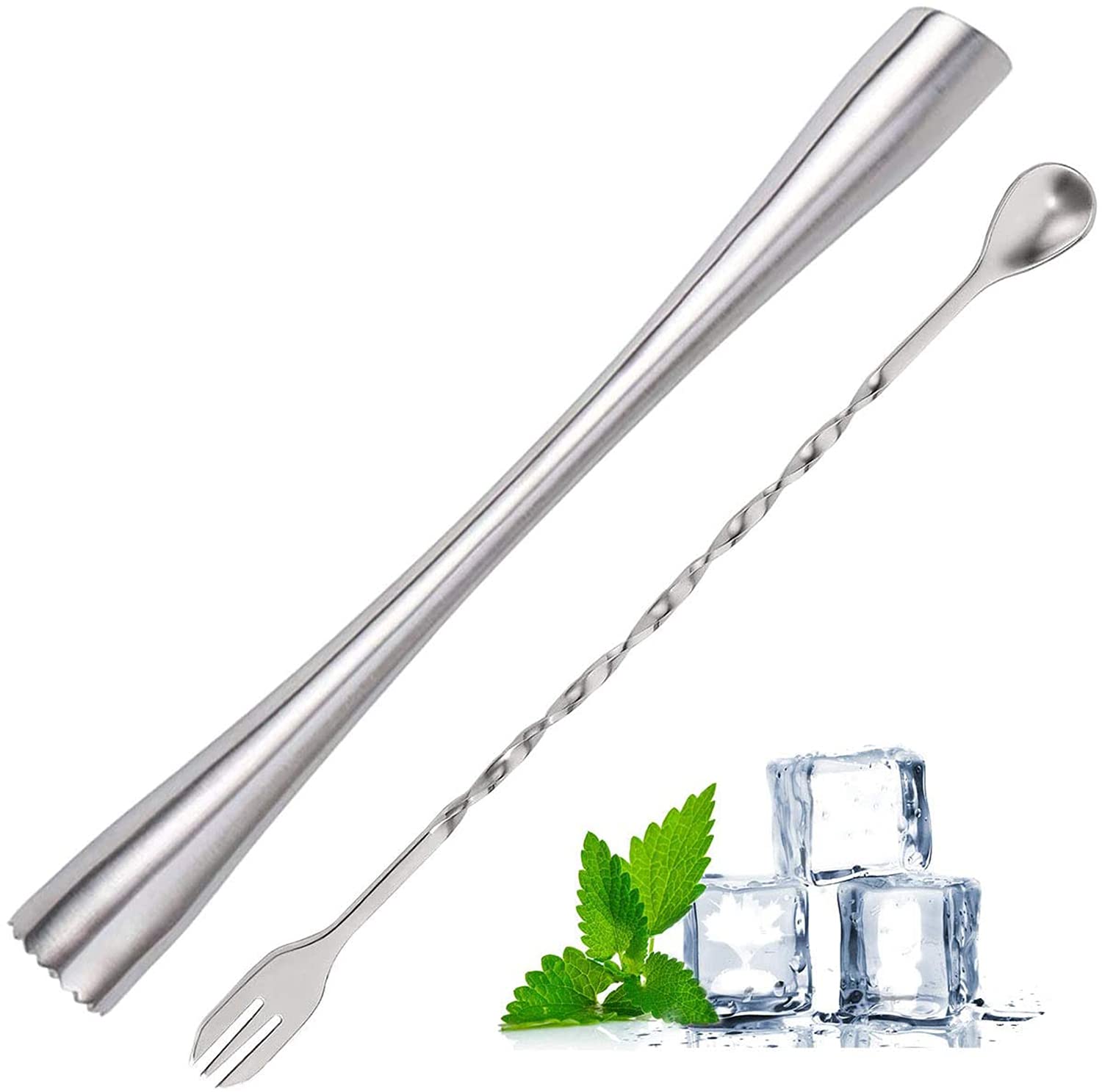 DELFINO Muddler for Drink, 10" Stainless Steel Drink Muddler and Mixing Spoon Drink Muddler, Tools for Drink, Juice, Birthday, Party, and Housewarming Mixing Spoon Barware Set Create Fruit Drinks