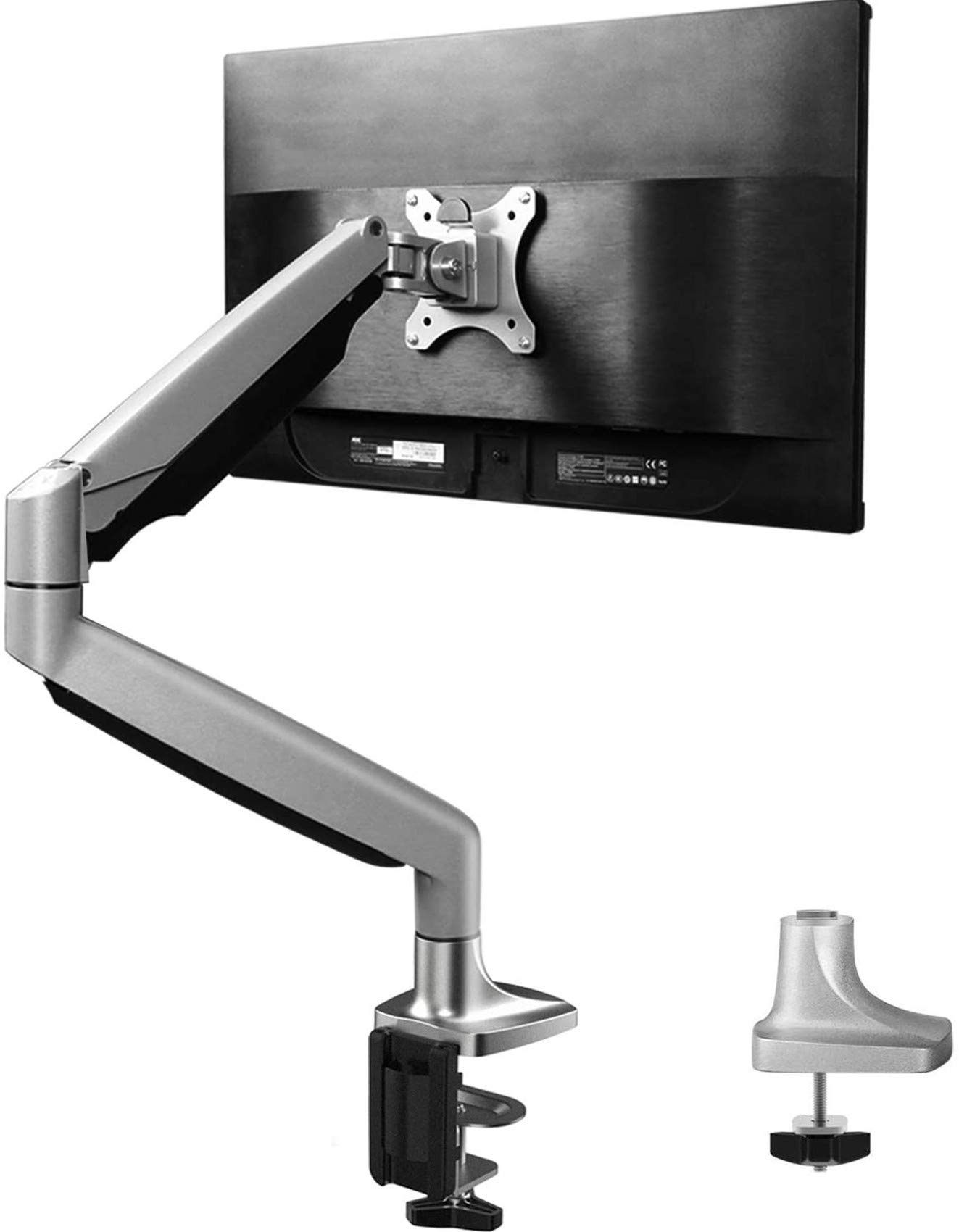 Single Arm Monitor Stand - Premium Aluminum Gas Spring Monitor Desk Mount, Adjustable Computer Riser with Clamp & Grommet Mounting Base for 13" to 32" Screens VESA 75X75 100X100