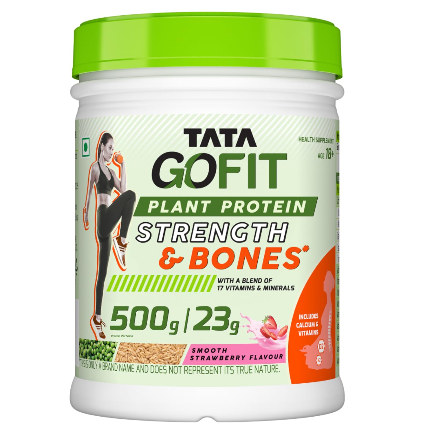 Tata Gofit Plant Protein Strength & Bones, Pea & Brown Rice Blend, 17 Vitamins, Minerals & Calcium, D2 & K2, Smooth Strawberry, No Soy, Lactose & Added Sugar, Amino Acids, Vegan, 500g