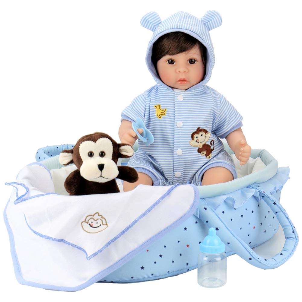 Aori Reborn Baby Doll 18 inch Lifelike Baby Boy Doll with Monkey Gift Sets-8-Piece with a Baby Carrier/Bassinet