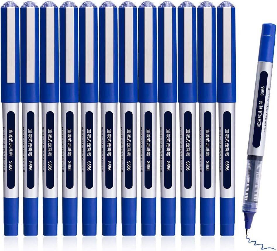 Rollerball Pens, 12 Pack 0.5mm Quick-drying Liquid Ink Stick Ballpoint Blue Gel Pens for Writing Note Taking School & Office Supplies