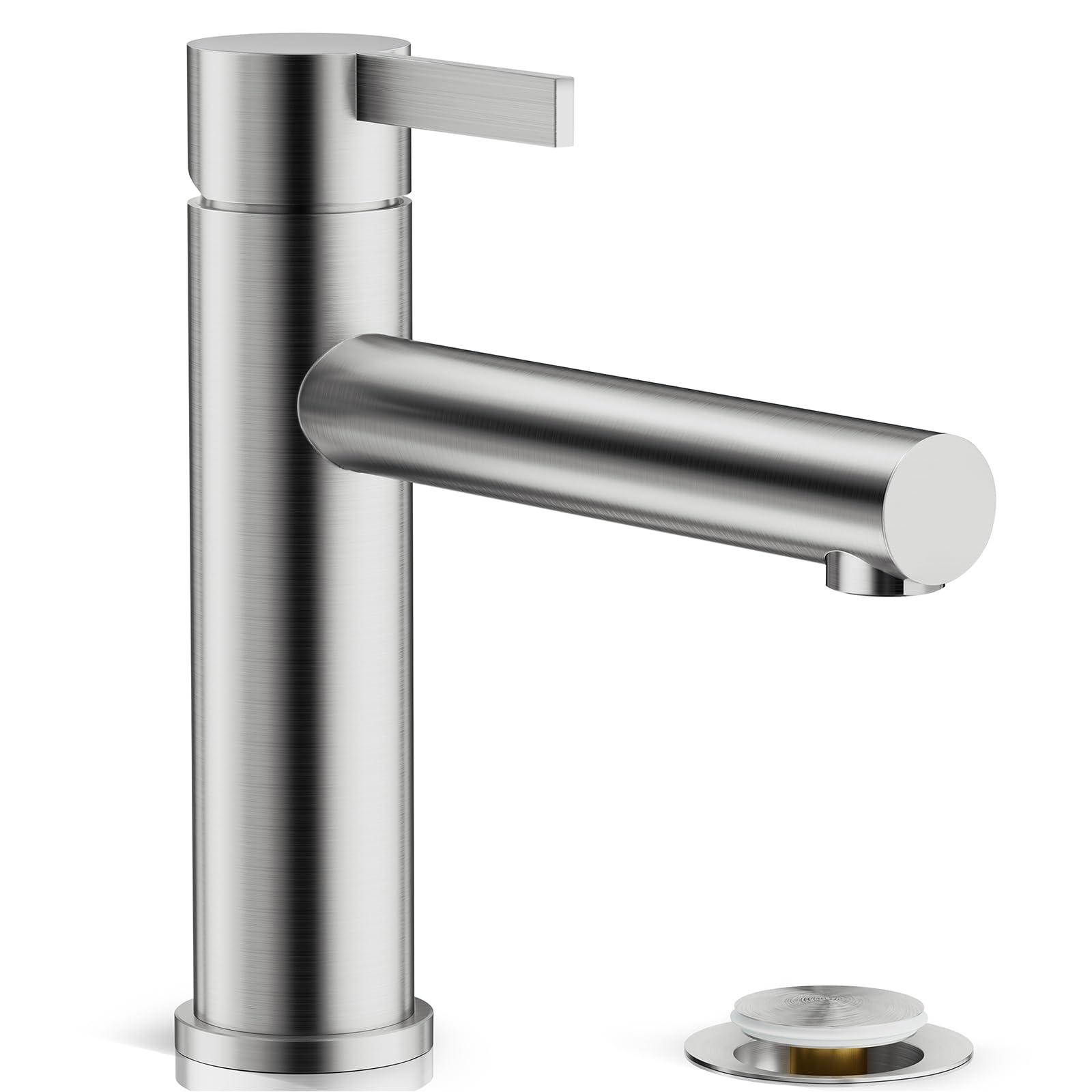 Phiestina Single Hole Single Handle Low Arc Brushed Nickel Bathroom Sink Faucet, Basin Faucet with Metal Pop-up Drain & Water Supply Line, FH01-BN