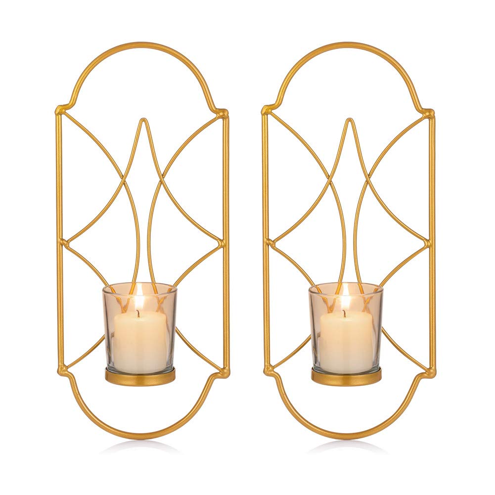 Sziqiqi Metal Wall Sconce Candle Holder Decor Set of 2 Wall Mounted Candle Sconces Holders with Glass, Candle Sconces Holder for Wall, Home Wall Art for Living Room Fireplace Yard Pathway, Gold