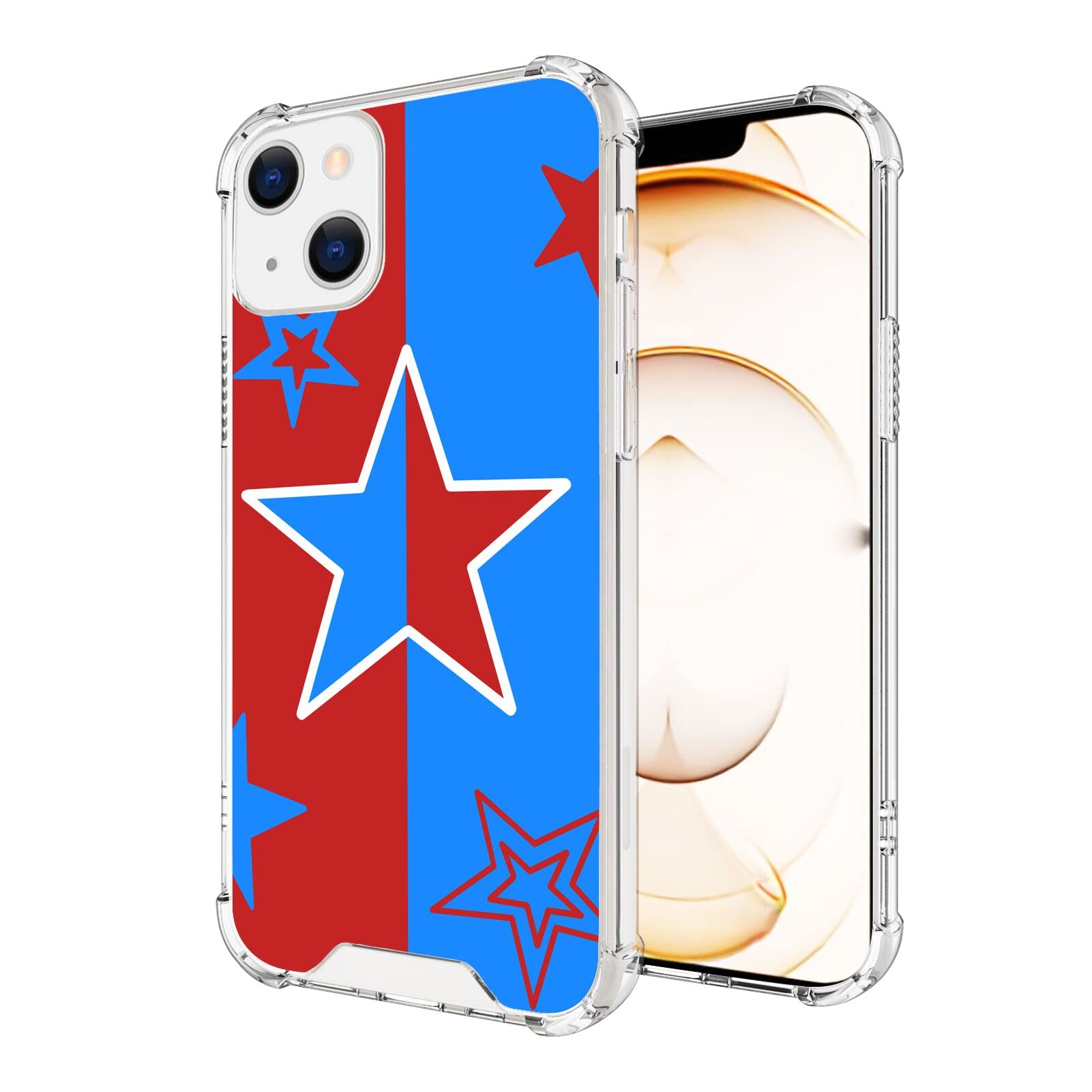 Case for iPhone 13 Mini with Designer Blue Red Stars Pattern Clear Frame Slim Transparent Soft TPU Shock-Proof Four Corners Reinforced Mobile Phone Case