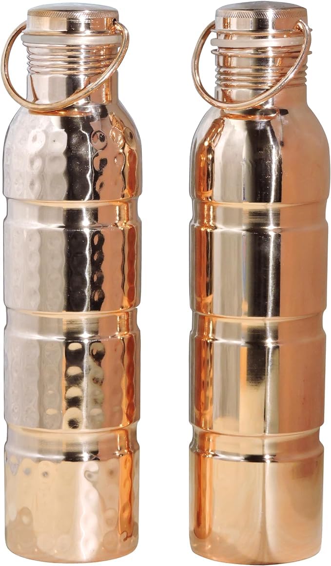 ANCIENTIMPEX Pure Copper Water Bottles With Handle Set of 2, Seamless Style For Ayurveda Health Benefits - 1000 Ml (33.81 Fl Oz)