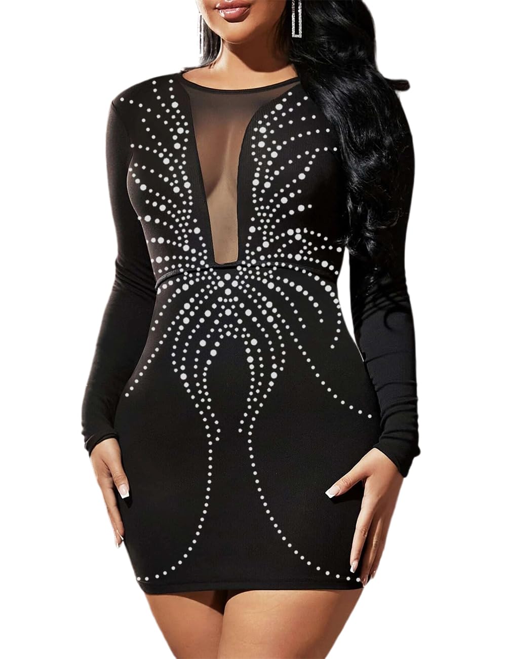 LradyWomens Long Sleeve Glitter Hot Drilling Bodycon Club Party Mini Short Dress