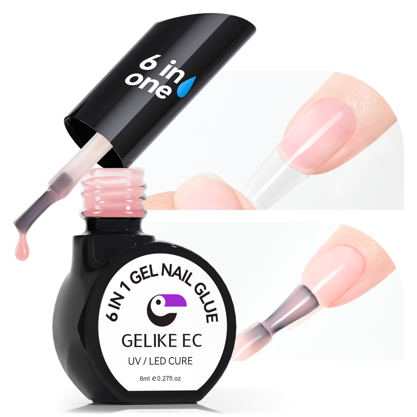 gelike ecGel Nail Glue UV - 6 in 1 Gel Glue for Nail Tips with Peachy Jelly Color, Base Coat Free, Strong Adhesive for Press on Nails Acrylic Tips, Ideal for Salon Lover and Beginners