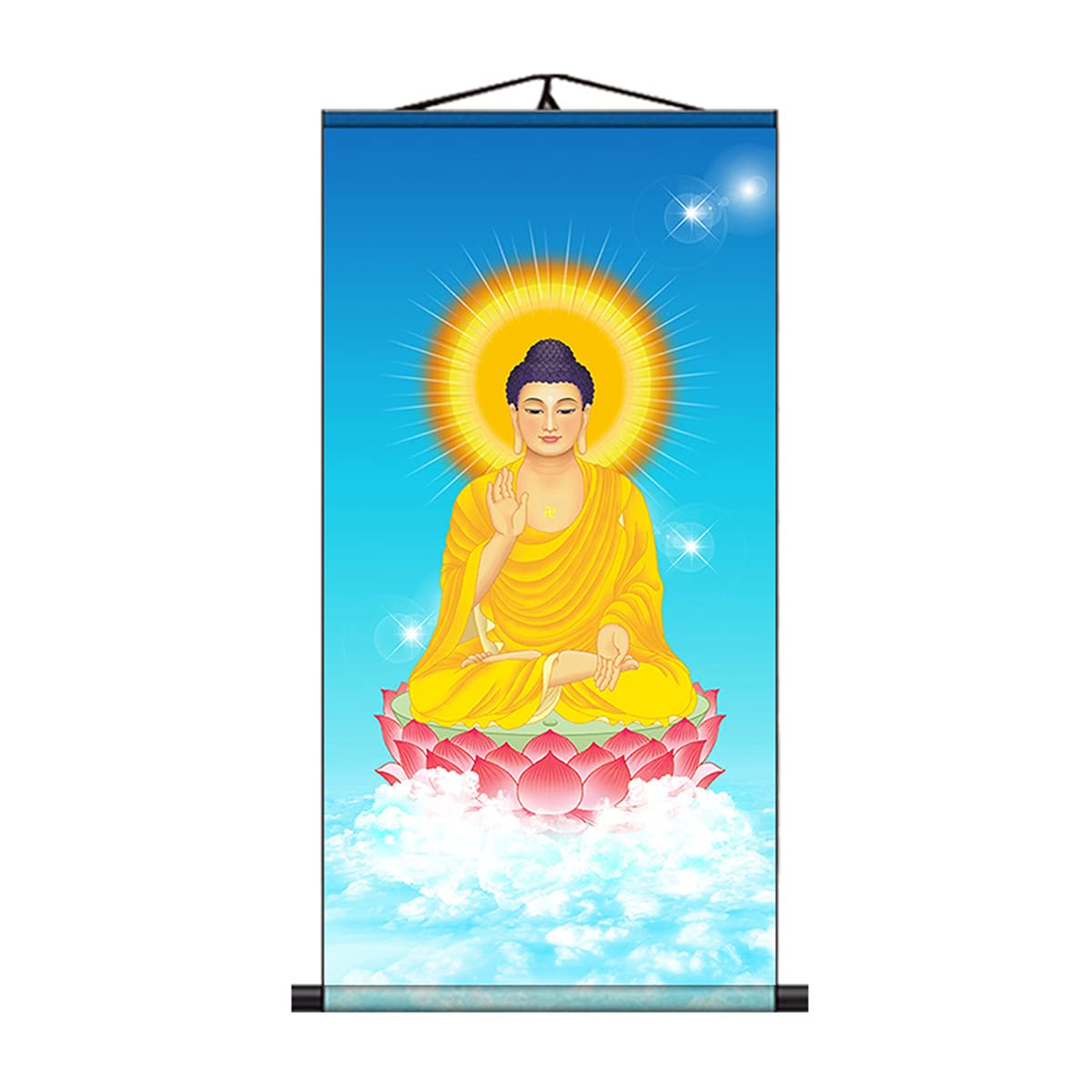 UXOWOXU Buddhist Images Art Shakyamuni Buddha Silk Scroll Painting - Ready to Hang 18"x35.5"