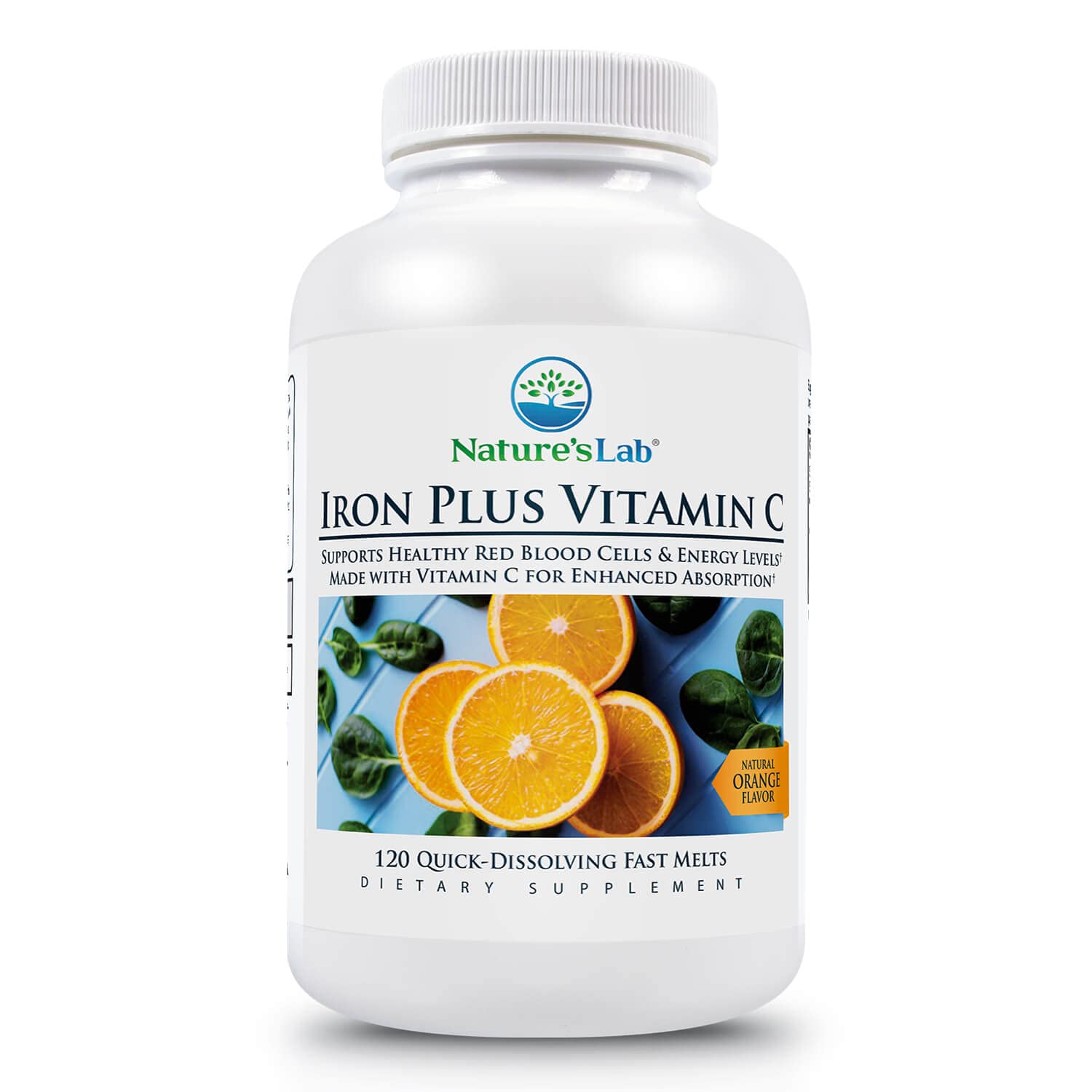 Nature's Lab Iron Plus Vitamin C Fast Melt Tablets - Gentle on the Stomach Carbonyl Iron, High Absorption for Healthy Red Blood Cells* - 120 Tablets