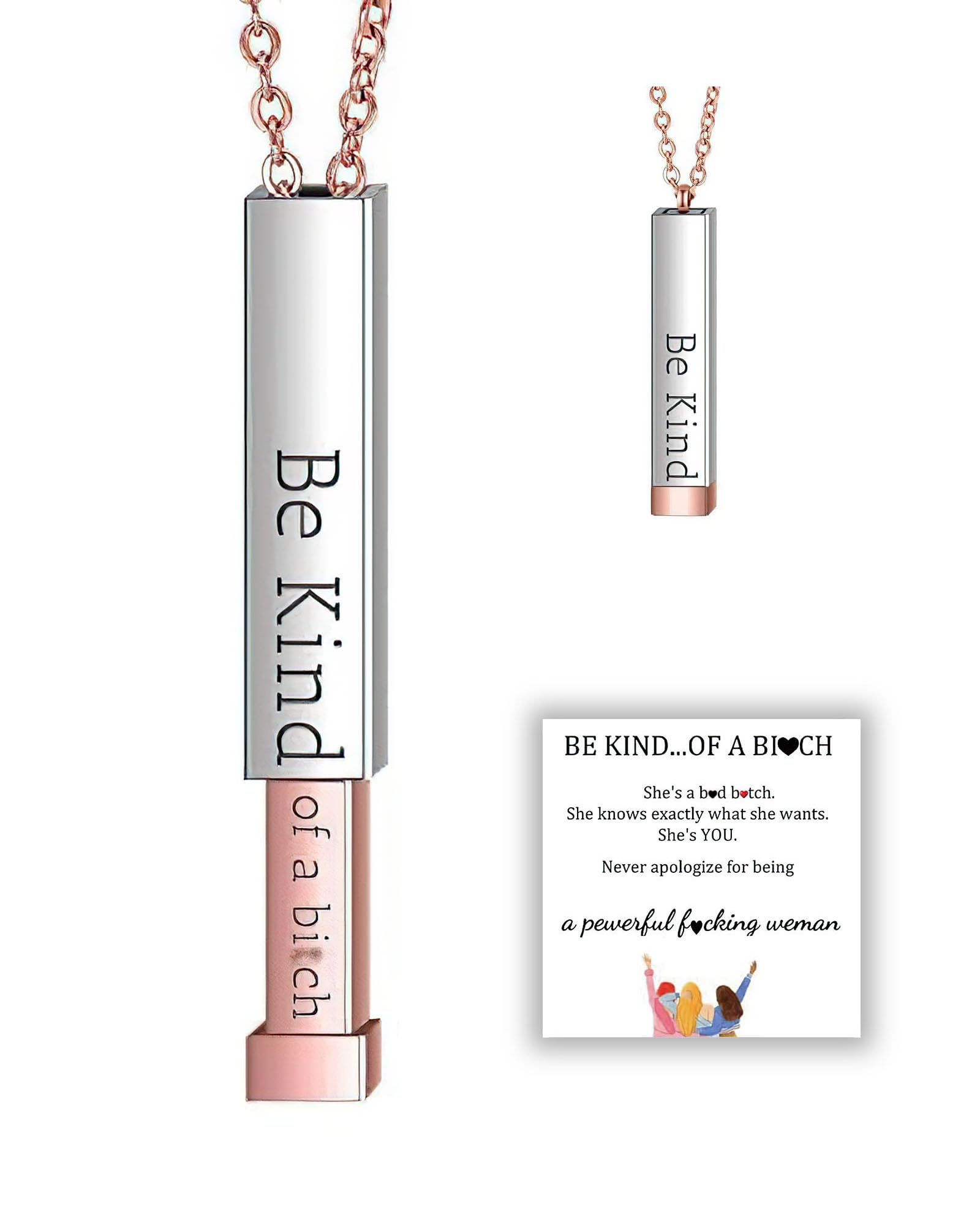 Be Kind Of A B Necklaces For Women, Hidden Message Necklace, Best Friends Sorority Sisters Friendship Jewelry Gift, Square Tube Pendant with Hidden Message Strap Friendship Gift