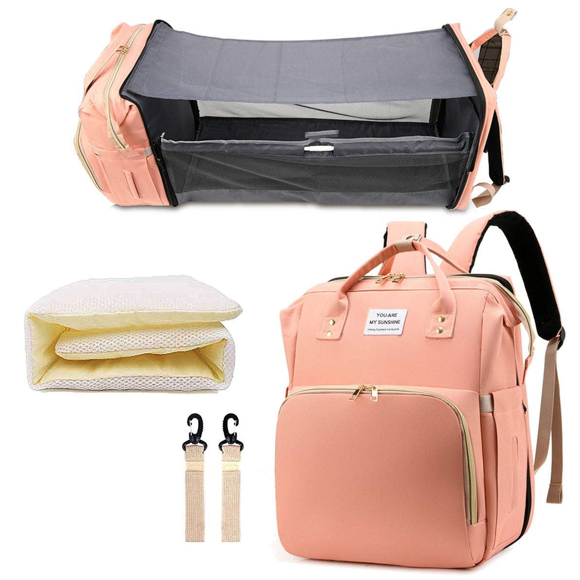 Diaper Bag with Changing Station, Baby Bag, Diaper Bag Backpack, Baby Bag with Built-in USB Charging Port and Stroller Straps Large Capacity Waterproof, Pink